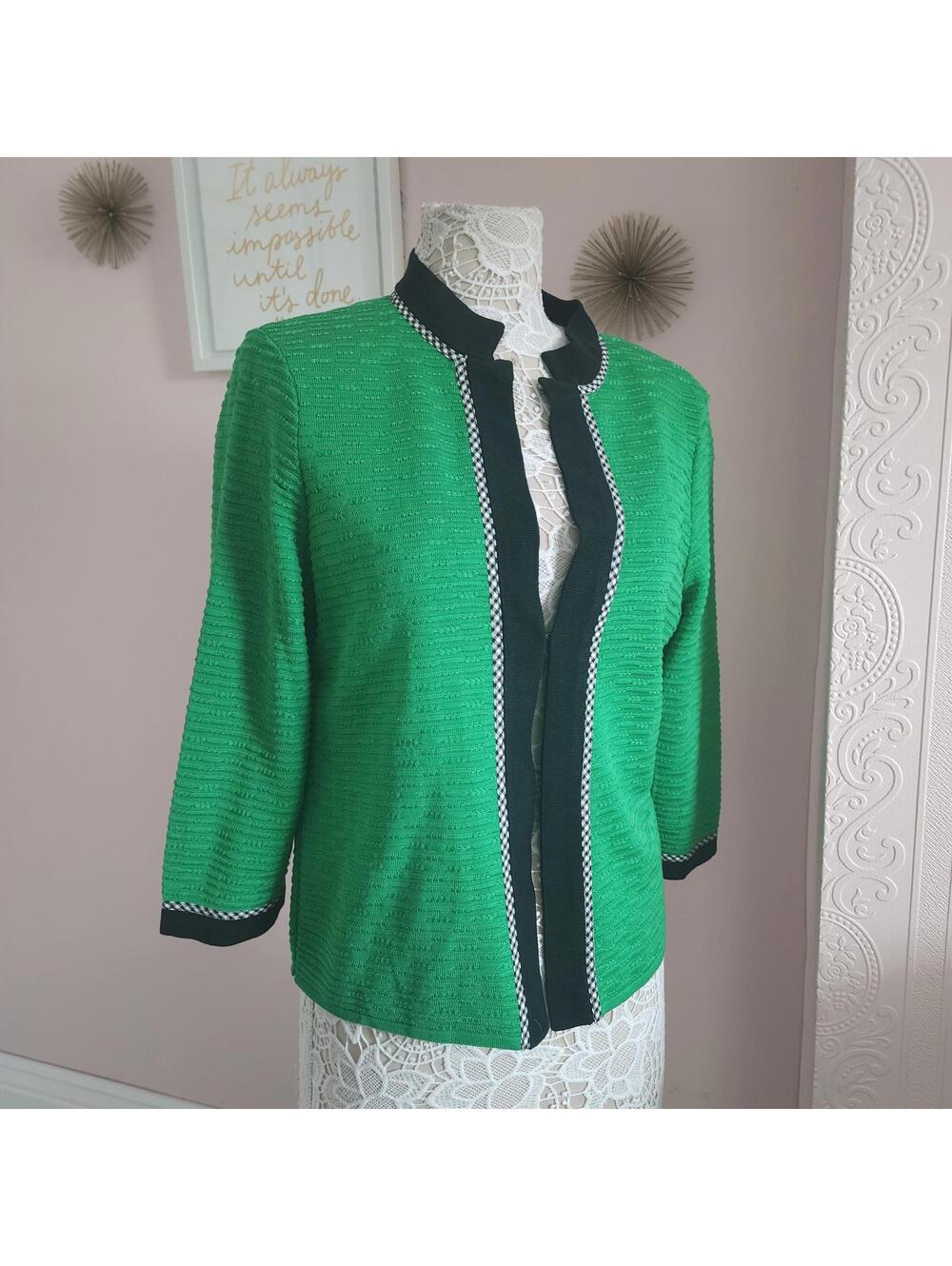 Ming Wang Green Black Gingham Knit Cardigan Jacket Women’s Petite M